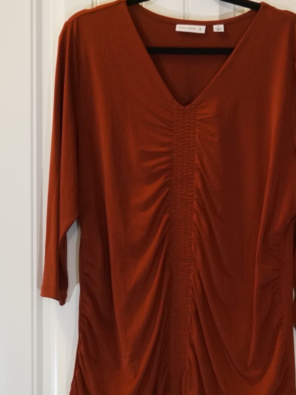Susan Graver Terracotta Liquid Knit 3/4 sleeve top with front ruching Size XL